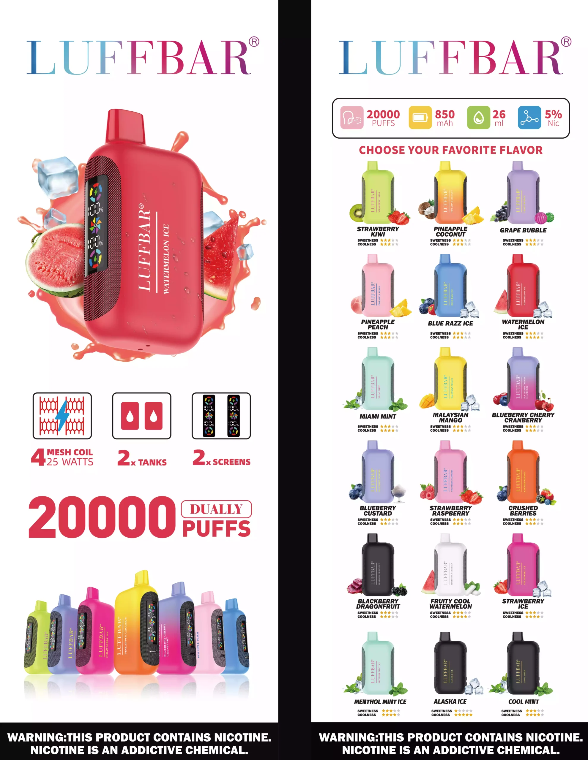 LuffBar Dually 20000 Puffs, hulgimüük ühekordselt laetav vape, hulgi 5% Nikotiin 850 mAh 18 maitset 2024 Uus (1)