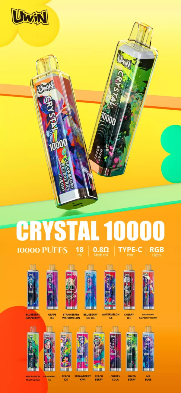 Uwin Crystal 10000 sbuffi ricaricabili 650mAh Vape usa e getta all'ingrosso Luci RGB Nicotina 0 2 3 5 15 Aromi Fabbrica all'ingrosso Acquista 8 in scala 1