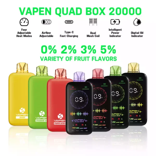 VAPEN QUAD BOX 20000 PUFF Flusso d'aria regolabile Ricaricabile 2 5 Basso contenuto di nicotina Vape monouso all'ingrosso Display a schermo intero 12