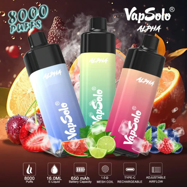 Wholesale Vapsolo Alpha 8000 Puffs Disposable Vape Pen with Mesh Coil and Adjustable Airflow LCD Display Bulk Buy from China Factory 1 scaled 1