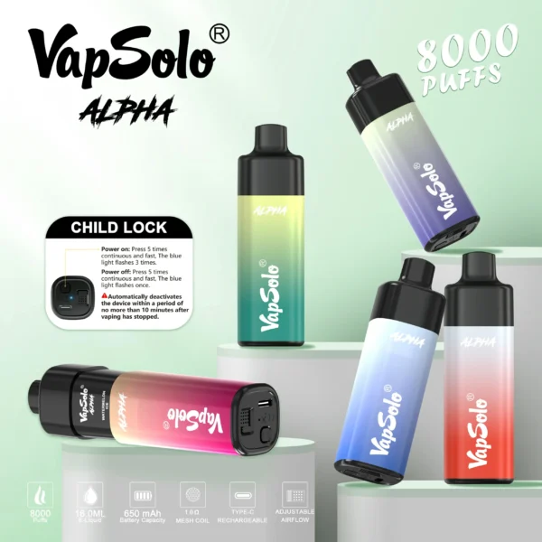 Wholesale Vapsolo Alpha 8000 Puffs Disposable Vape Pen with Mesh Coil and Adjustable Airflow LCD Display Bulk Buy from China Factory 6 scaled 1