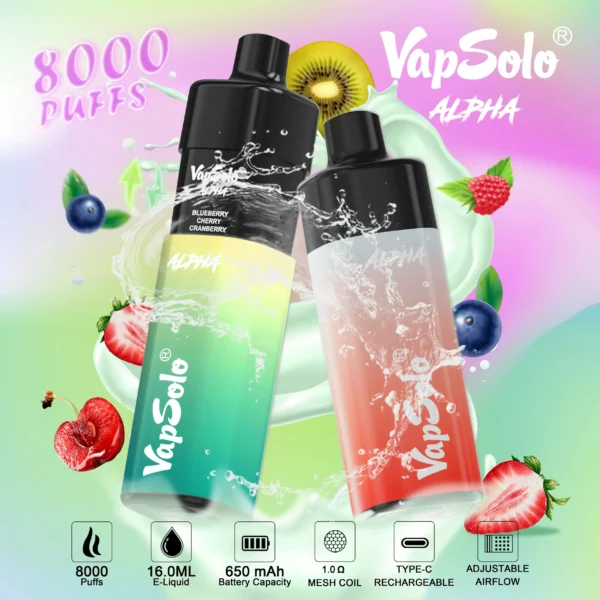 Wholesale Vapsolo Alpha 8000 Puffs Disposable Vape Pen with Mesh Coil and Adjustable Airflow LCD Display Bulk Buy from China Factory 7 scaled 1