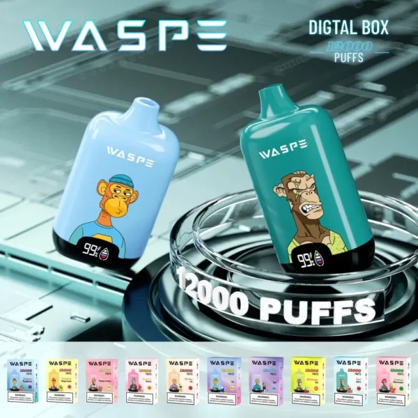 Comerț cu ridicata Waspe 12000 Puffs Cutie digitală Pen Vape de unică folosință cu afișaj LCD Capacitate de 20 ml Bobină de plasă Niveluri multiple de nicotină 0 2 3 5 5