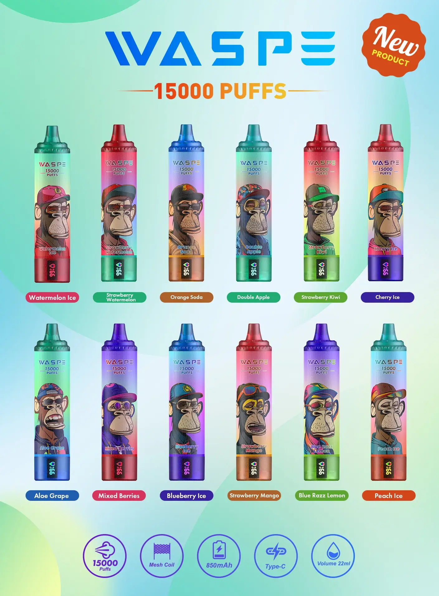 Comerț cu ridicata Waspe 15000 Puffs Pen Vape de unică folosință cu 22 ml E-Lichid 850mAh baterie reîncărcabilă și afișaj LCD Disponibil în niveluri de nicotină 0% 2% 3% 5% (8)