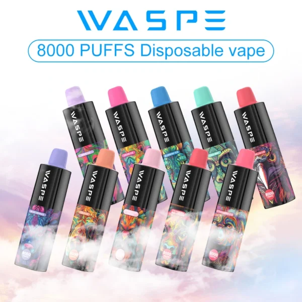 Hulgimüük Waspe 8000 Puffs ühekordselt kasutatav Vape Pen pliiats mitme nikotiiniga 0 2 3 5 taset 16 ml Maht C-tüüpi laetav aku 1